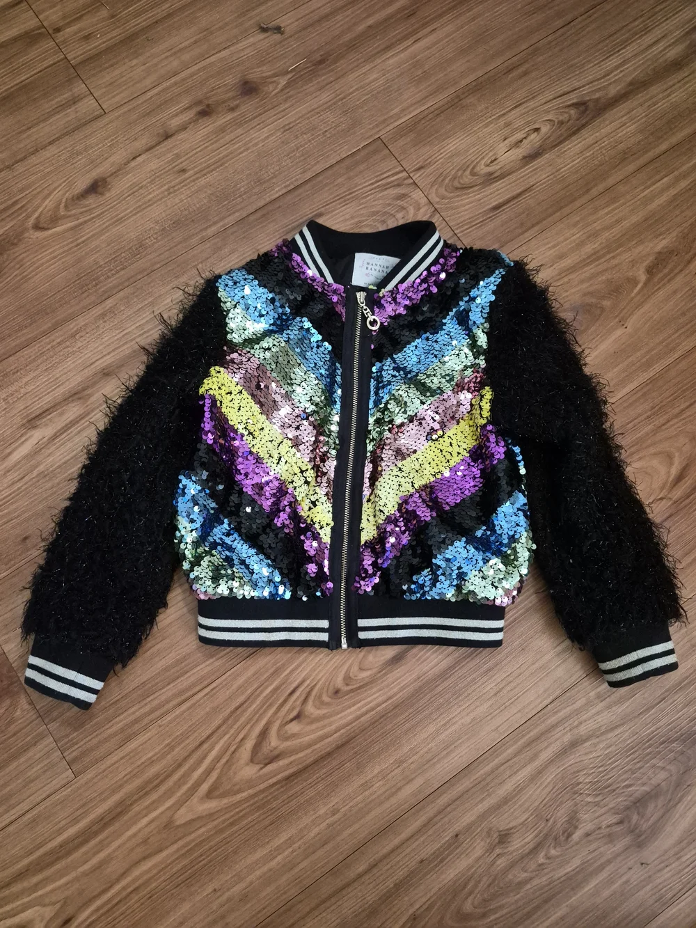 Hannah Banana Black Sequined Bomber Jacket Chevron Sequins Furry Sleeves